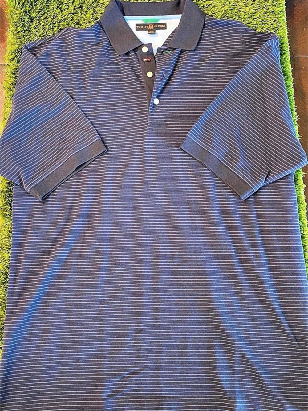 Tommy Hilfiger Golf polo Striped Cotton Polo in Black & Blue Size Large